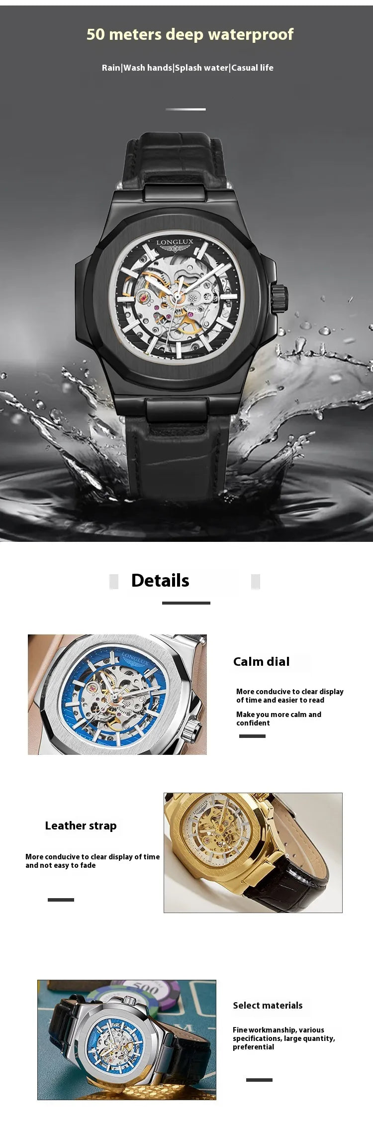 Barrel-shaped Leather Belt Men's Waterproof Mechanical Watch Product Description